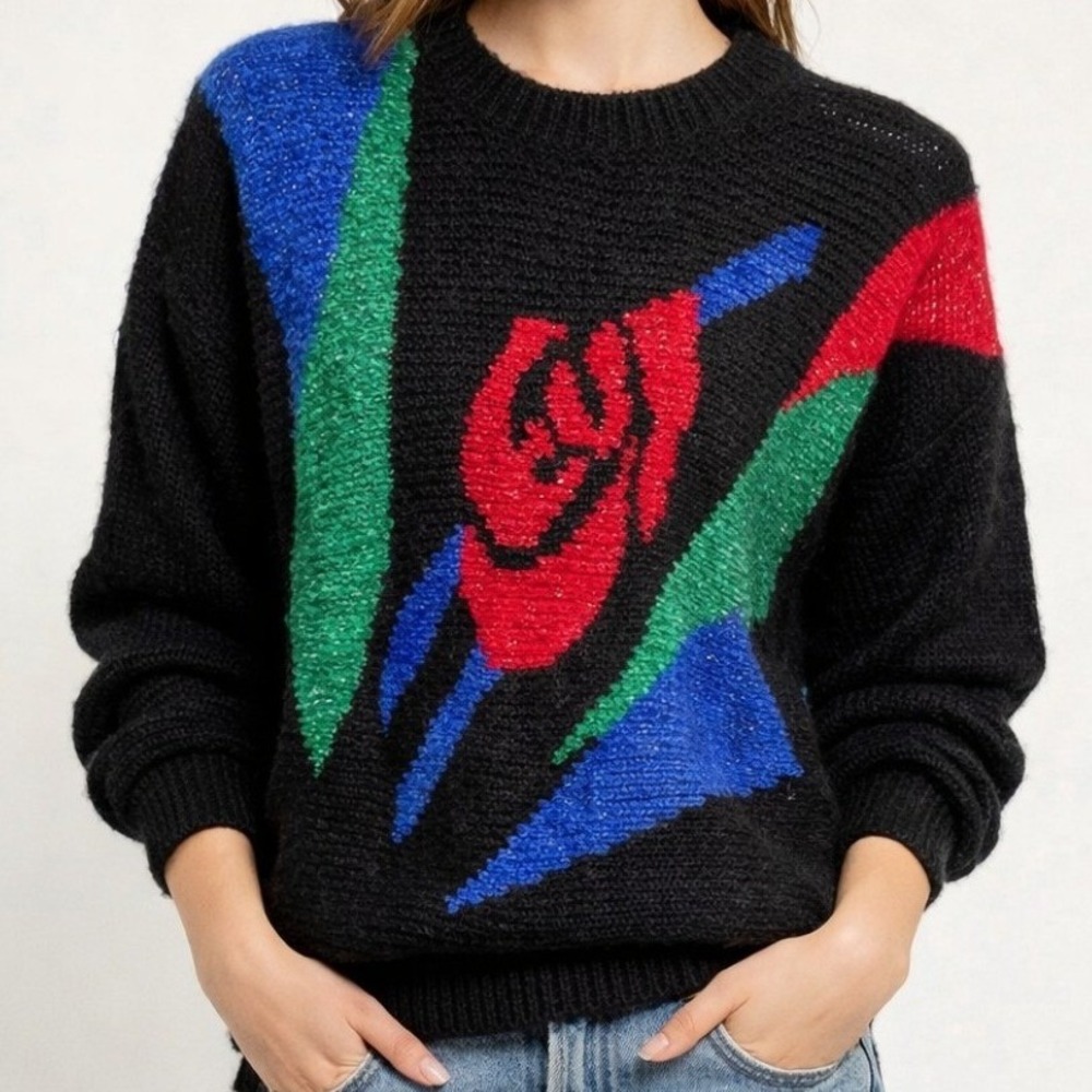 Vintage Cristina's Sweater Womens S 80s Abstract Rose Acrylic Knit Black Retro
